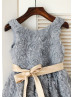 Gray Rosette Knee Length Flower Girl Dress With Champagne Sash